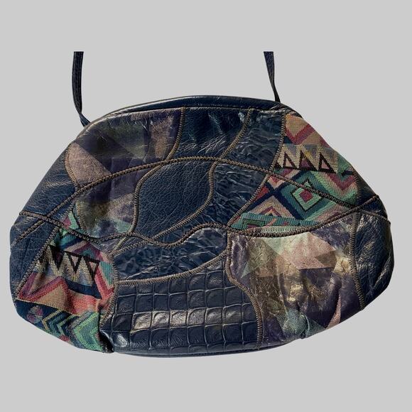 Vintage Patchwork Blue‎ Saks Fifth Handbag 80s USA Shoulder bag Leather - Picture 1 of 7